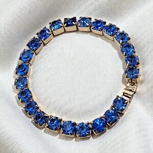 Vintage Deep Blue Rhinestone Tennis Bracelet Mid Century Prong Set Silver Tone